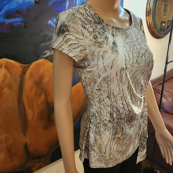 MSK, size S, scoop neck, short sleeve top, flowing, sequins, nuetral colors - Picture 8 of 14